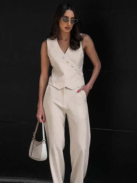 Women's Summer Two-Piece Suit: V-Neck Top & Wide Leg Pants