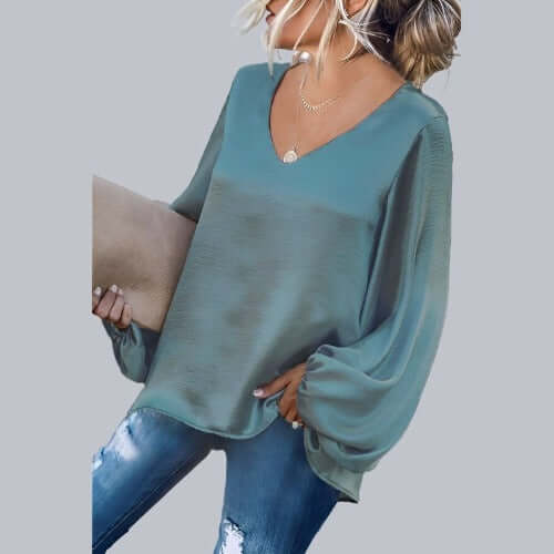 Women's V-Neck Lantern Sleeve Satin Blouse