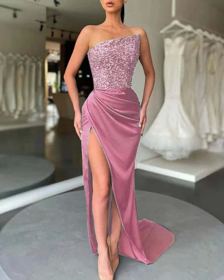 Sequined Strapless Prom Dress with High Slit