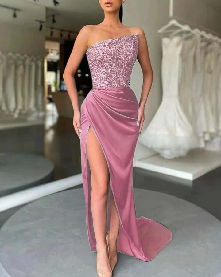 Sequined Strapless Prom Dress with High Slit