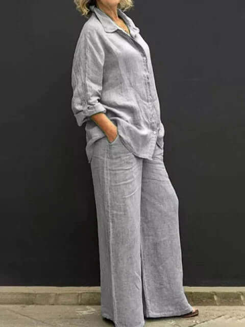 Women's Relaxed Fit Two-Piece Outfit: Shirt & Wide Leg Trousers