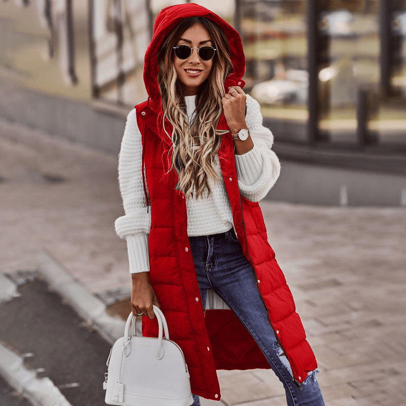 Women's Long Sleeveless Winter Down Vest with Hood