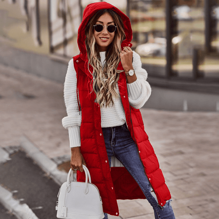 Women's Long Sleeveless Winter Down Vest with Hood