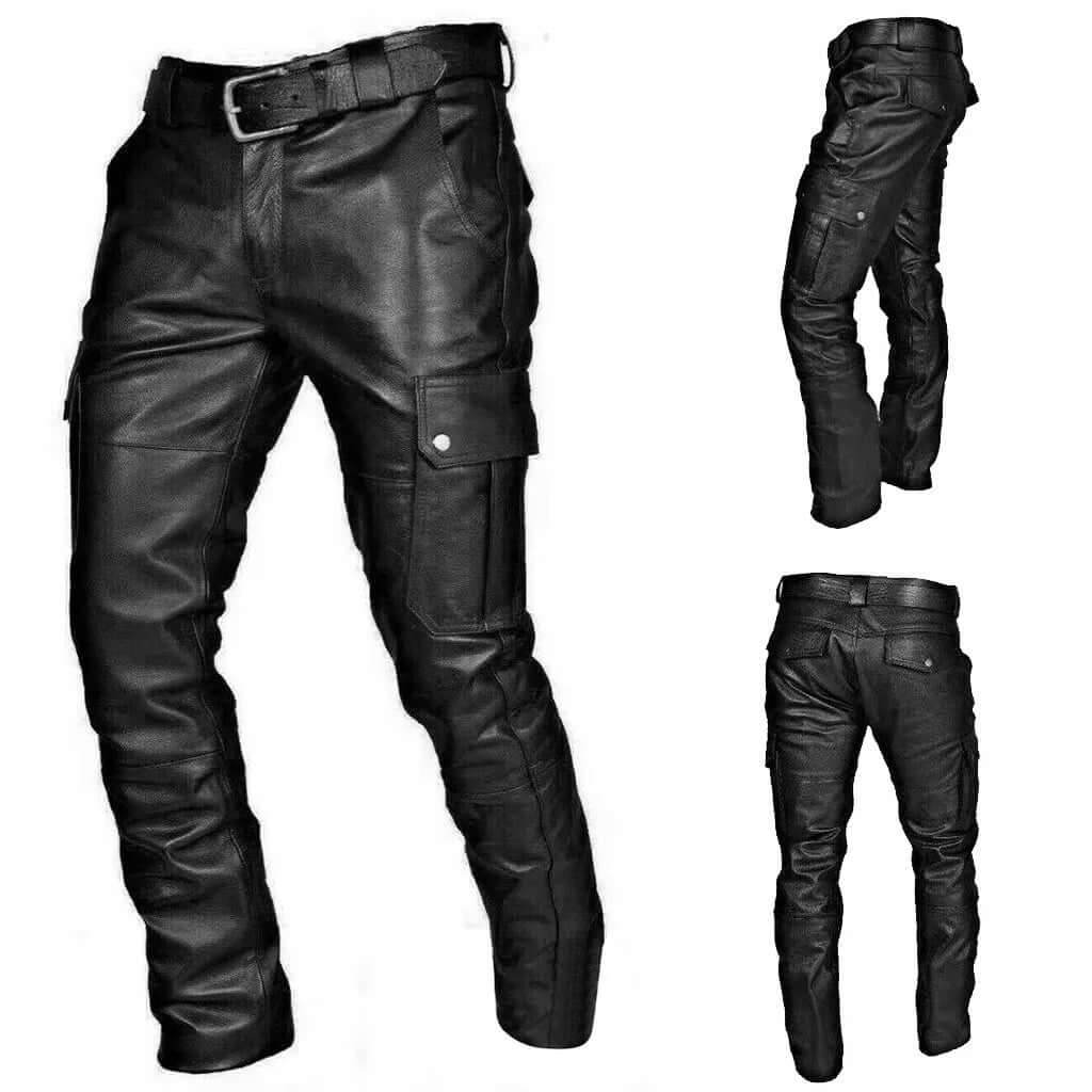 Men's Stylish Faux Leather Biker Pants with Cargo Pockets