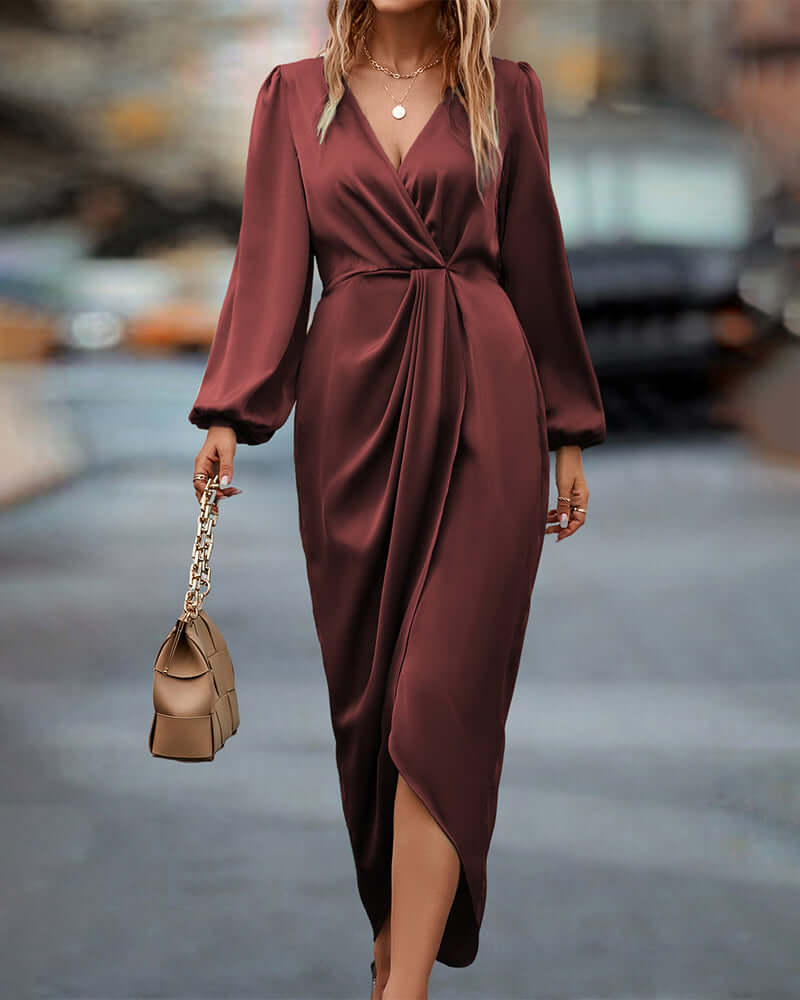 Elegant V-Neck Lantern Sleeve Dress