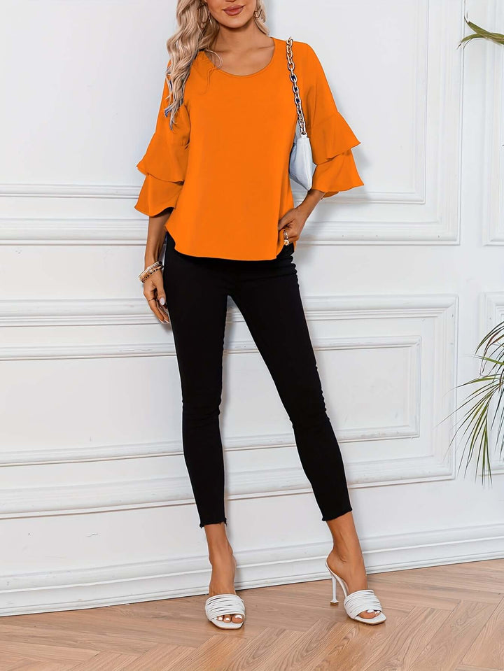 Women's Ruffle Sleeve Blouse - Round Neck, Regular Fit