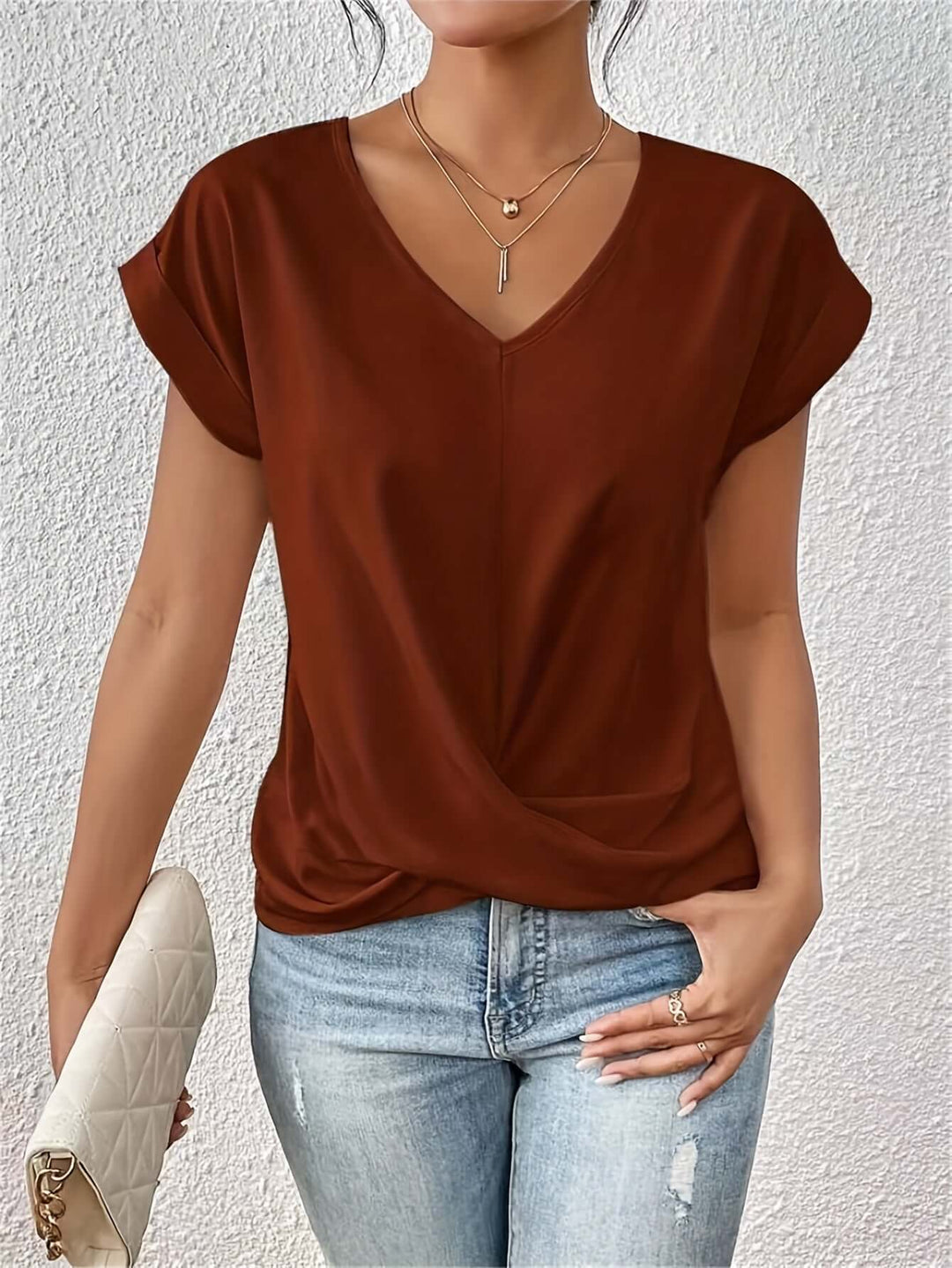 Women's V-Neck Draped Front Blouse: Relaxed Fit Top