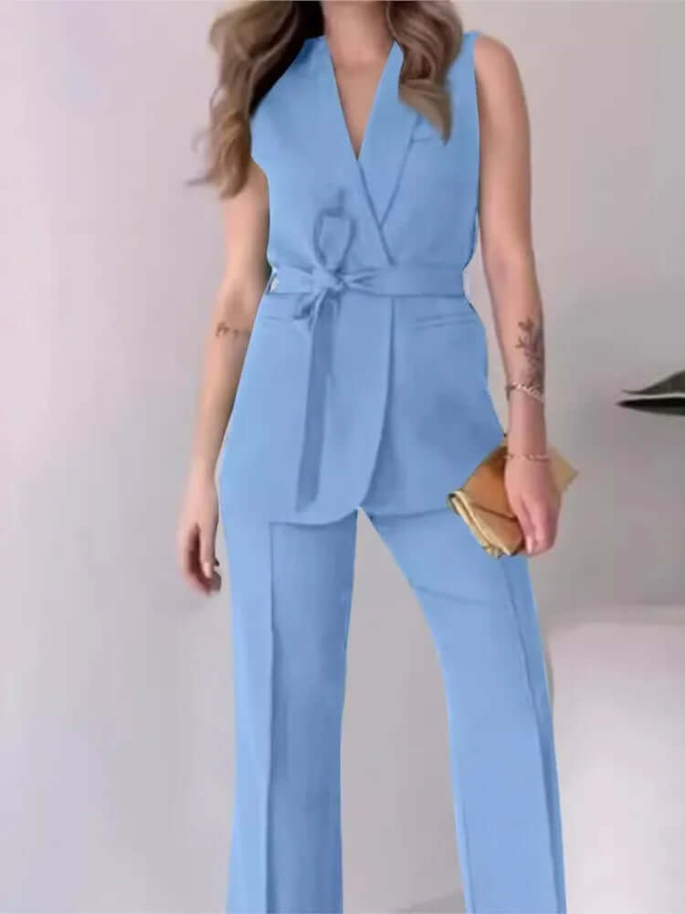 Women's Sleeveless Blazer Suit: Tailored Fit, V-Neck, High-Waisted Trousers