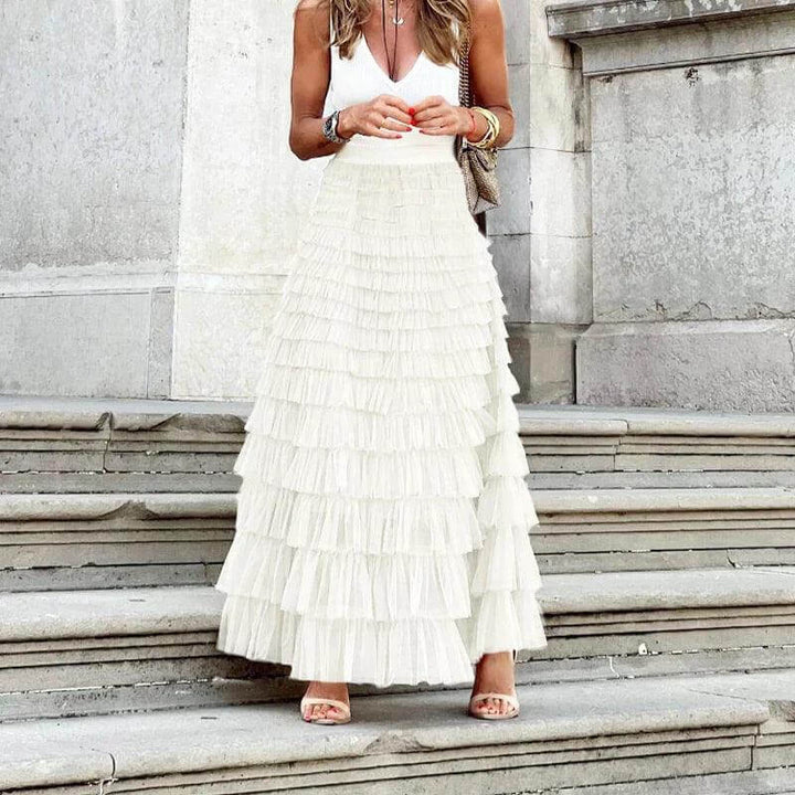 Elegant Pleated Mesh Midi Skirt: Women's Ruffle Detail Skirt