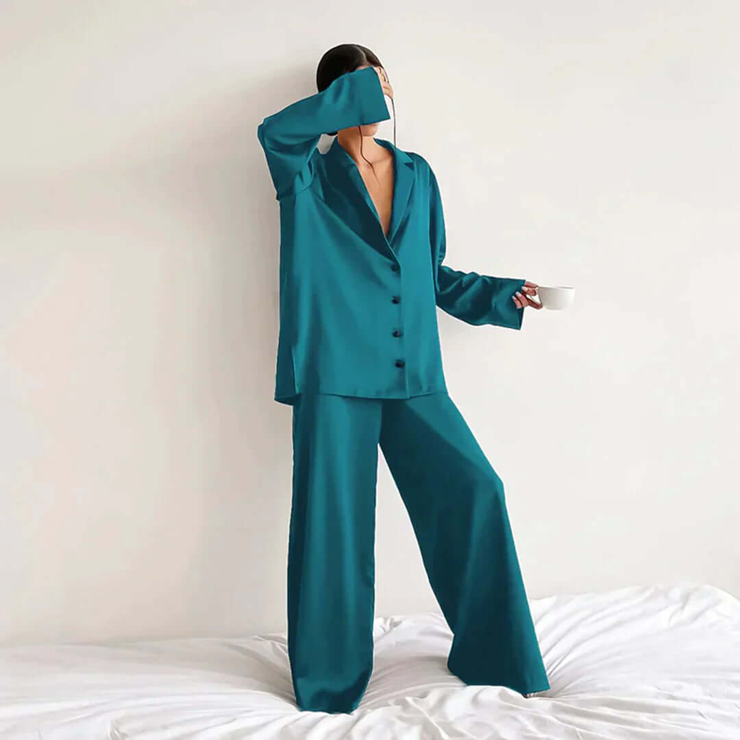 Women's Relaxed Fit Lounge Set: Soft Shirt & Wide Leg Pants