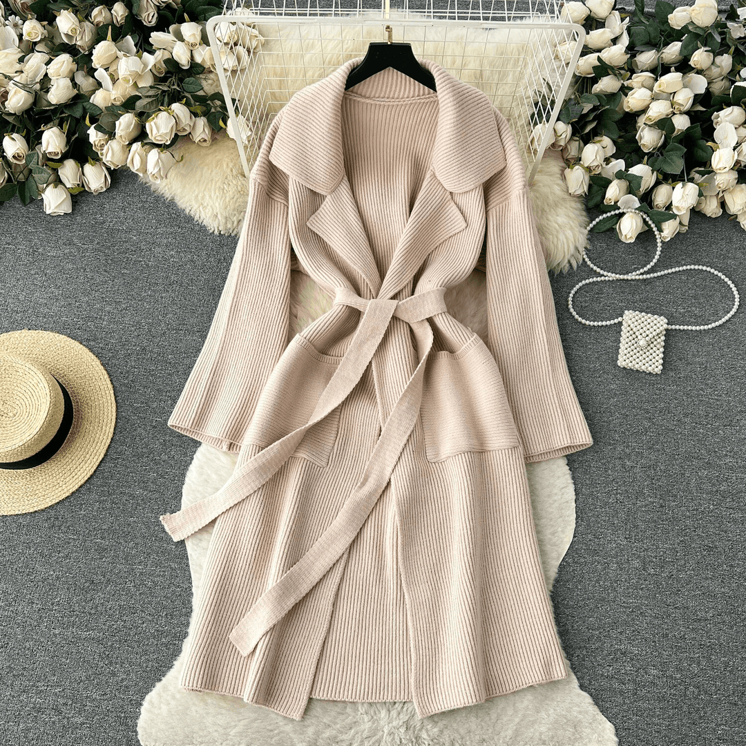 Women's Long Knit Cardigan: Open Front, Shawl Collar, Belted