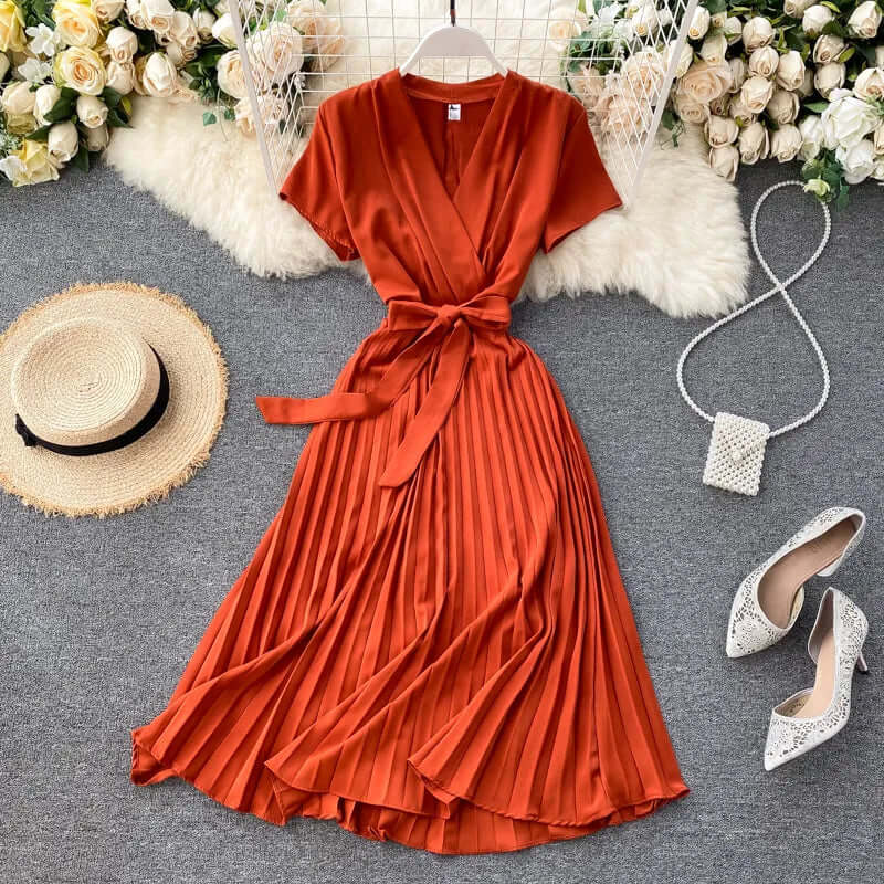 Women's Knee-Length Pleated Dress: Elegant V-Neck High Waist