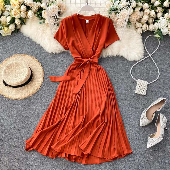 Women's Knee-Length Pleated Dress: Elegant V-Neck High Waist