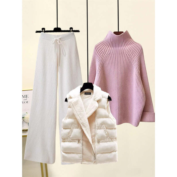 Women's Cotton 3-Piece Set: Cardigan, Turtleneck, High-Waisted Pants