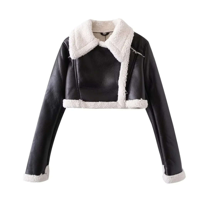 Women's Cropped Shearling Jacket: Oversized Collar & Zip