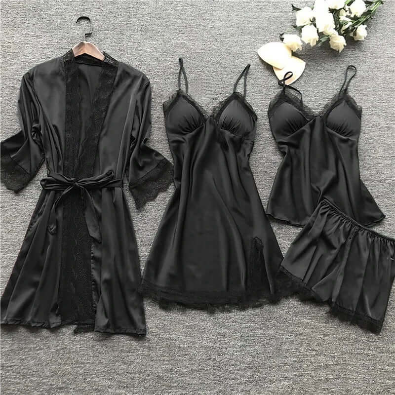 Women's Satin Loungewear Set with Lace Trim