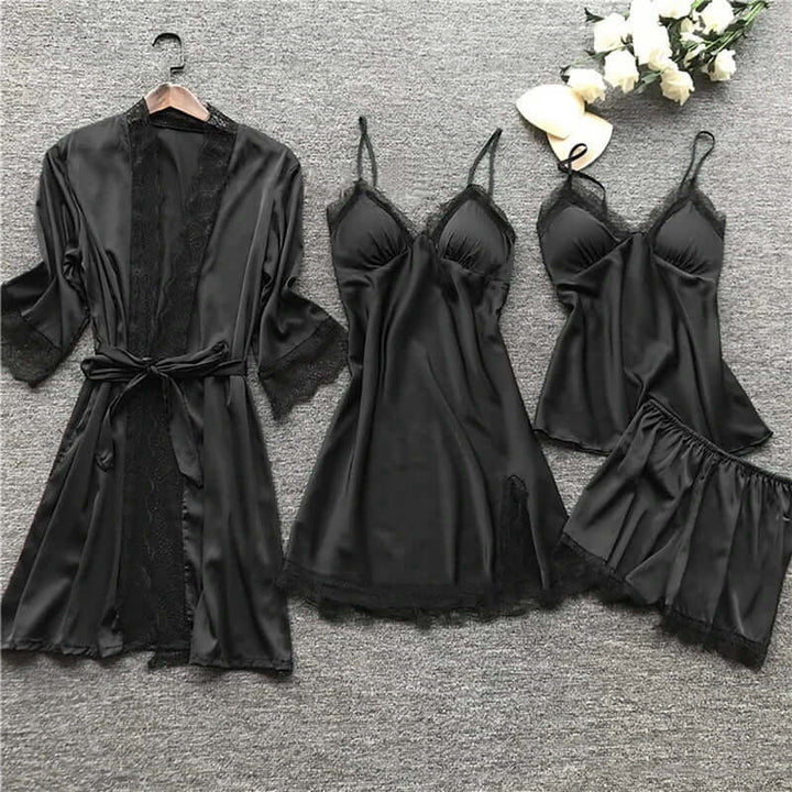 Women's Satin Loungewear Set with Lace Trim