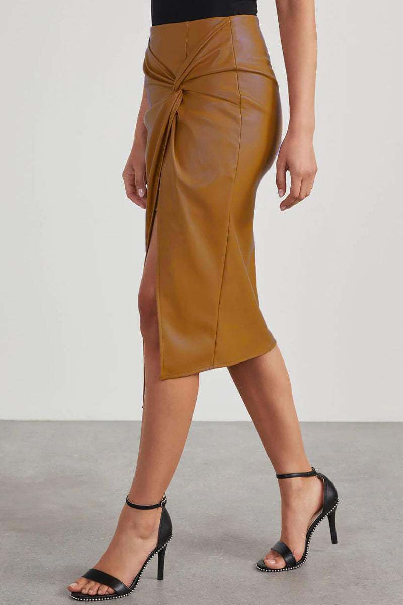 High-Waisted Faux Leather Pencil Skirt with Ruched Detail