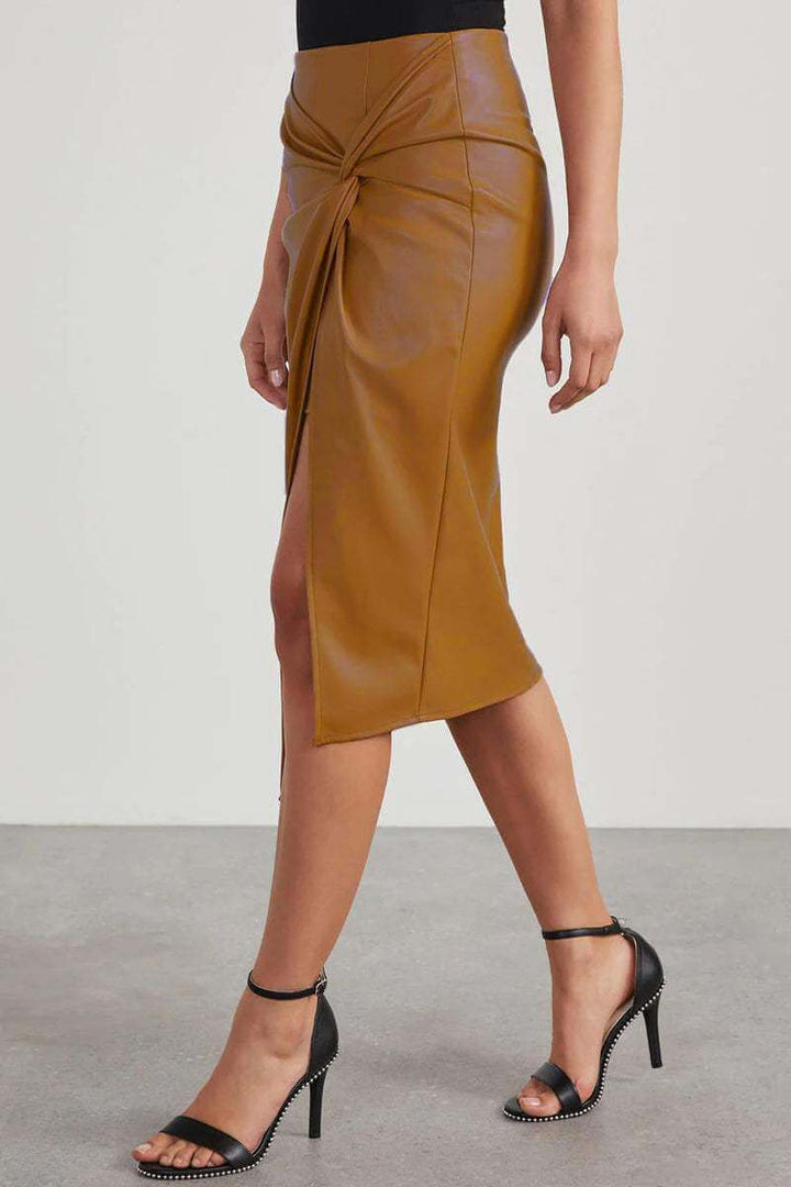 High-Waisted Faux Leather Pencil Skirt with Ruched Detail