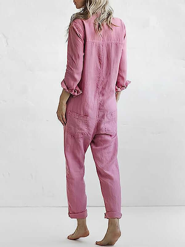 Women's Relaxed Fit Linen Jumpsuit with Roll Tab Sleeves