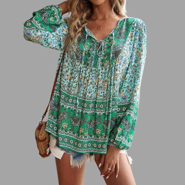 Women's Bohemian Long Sleeve V-Neck Blouse