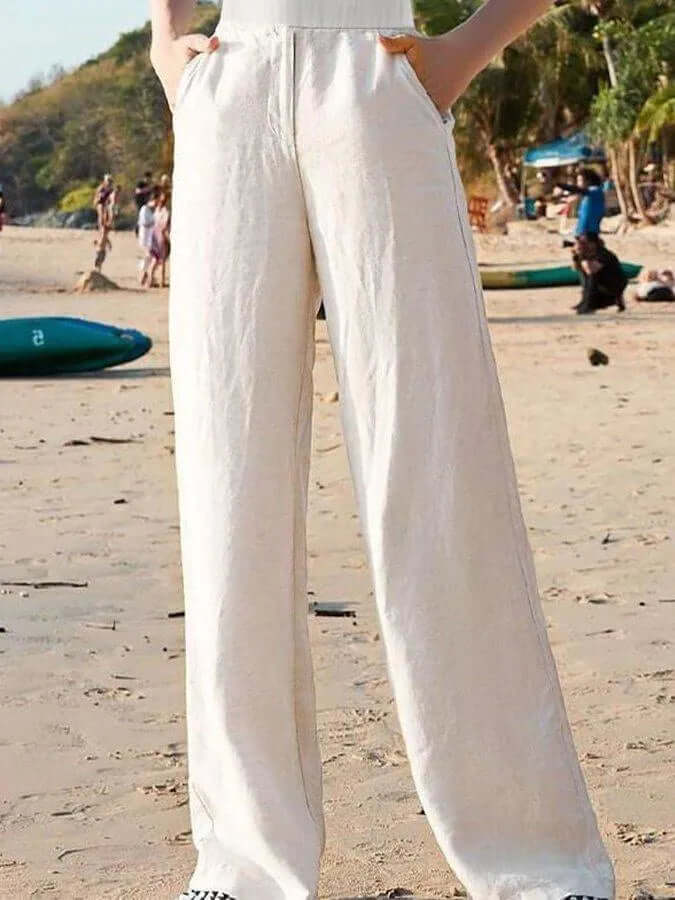 Women's Wide-Leg Linen Trousers: Breathable & Elastic Waist