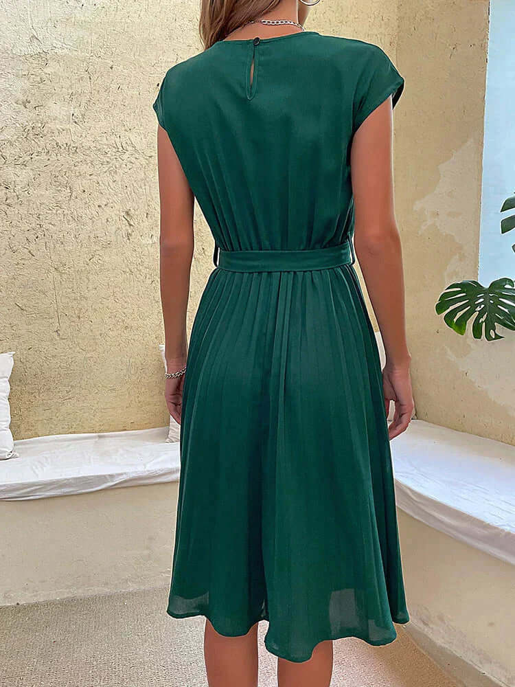 Elegant Midi Dress: Pleated Skirt, Cap Sleeves, Tie Waist