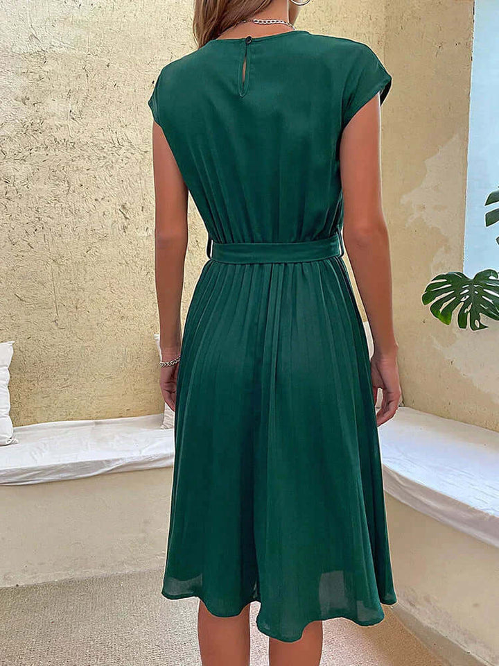 Elegant Midi Dress: Pleated Skirt, Cap Sleeves, Tie Waist