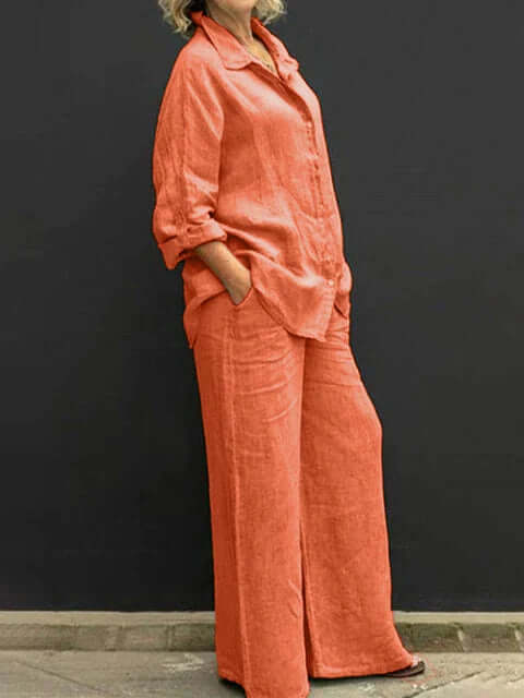 Women's Relaxed Fit Two-Piece Outfit: Shirt & Wide Leg Trousers