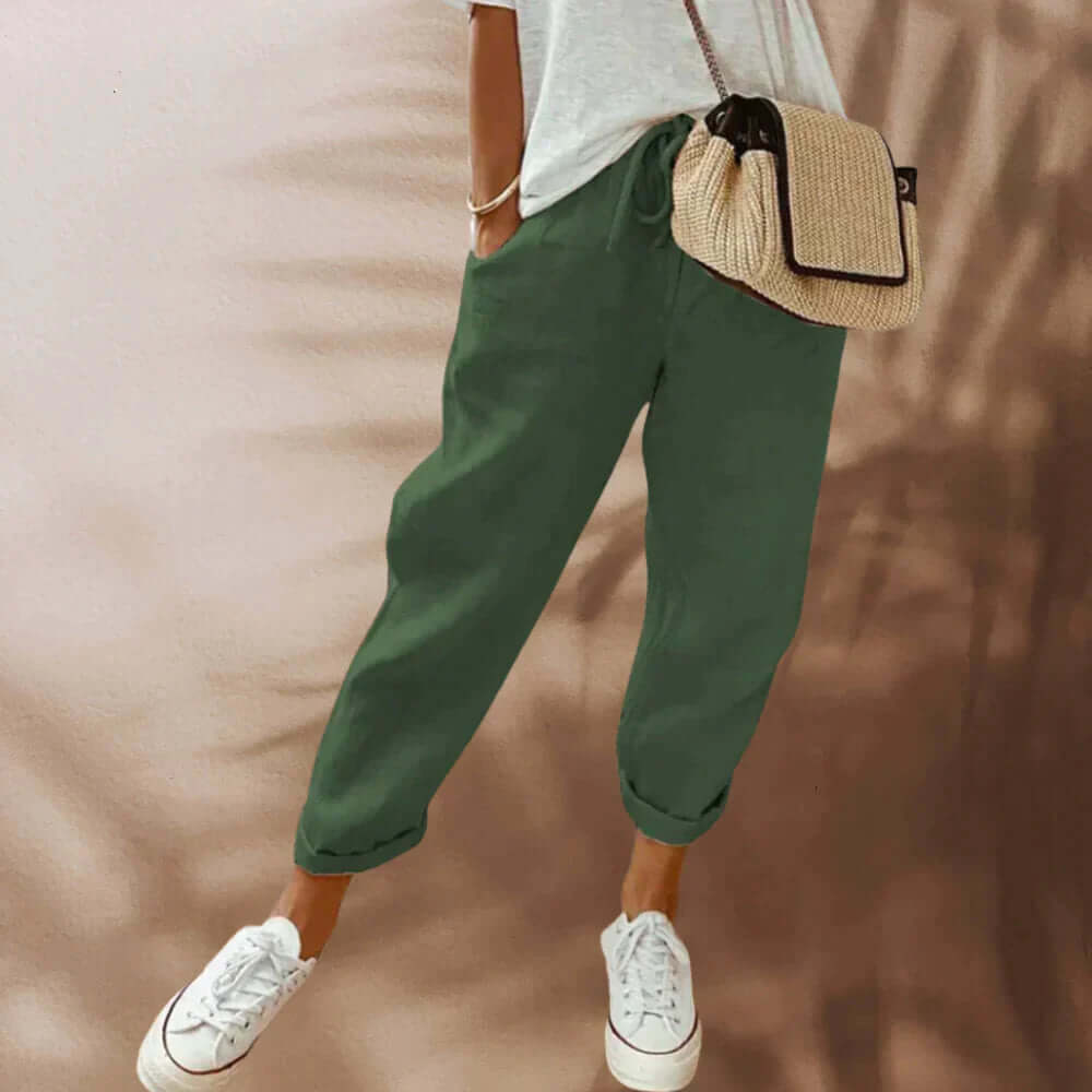 Women's Long Pants with Diagonal Pockets & Tie Belt
