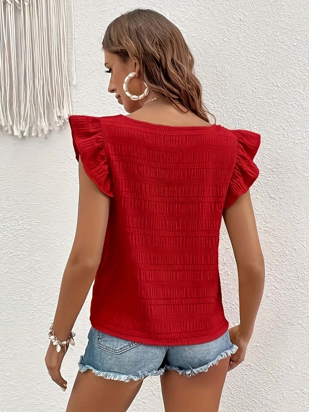 Women's Smocked Square-Neck Flutter Sleeve Top