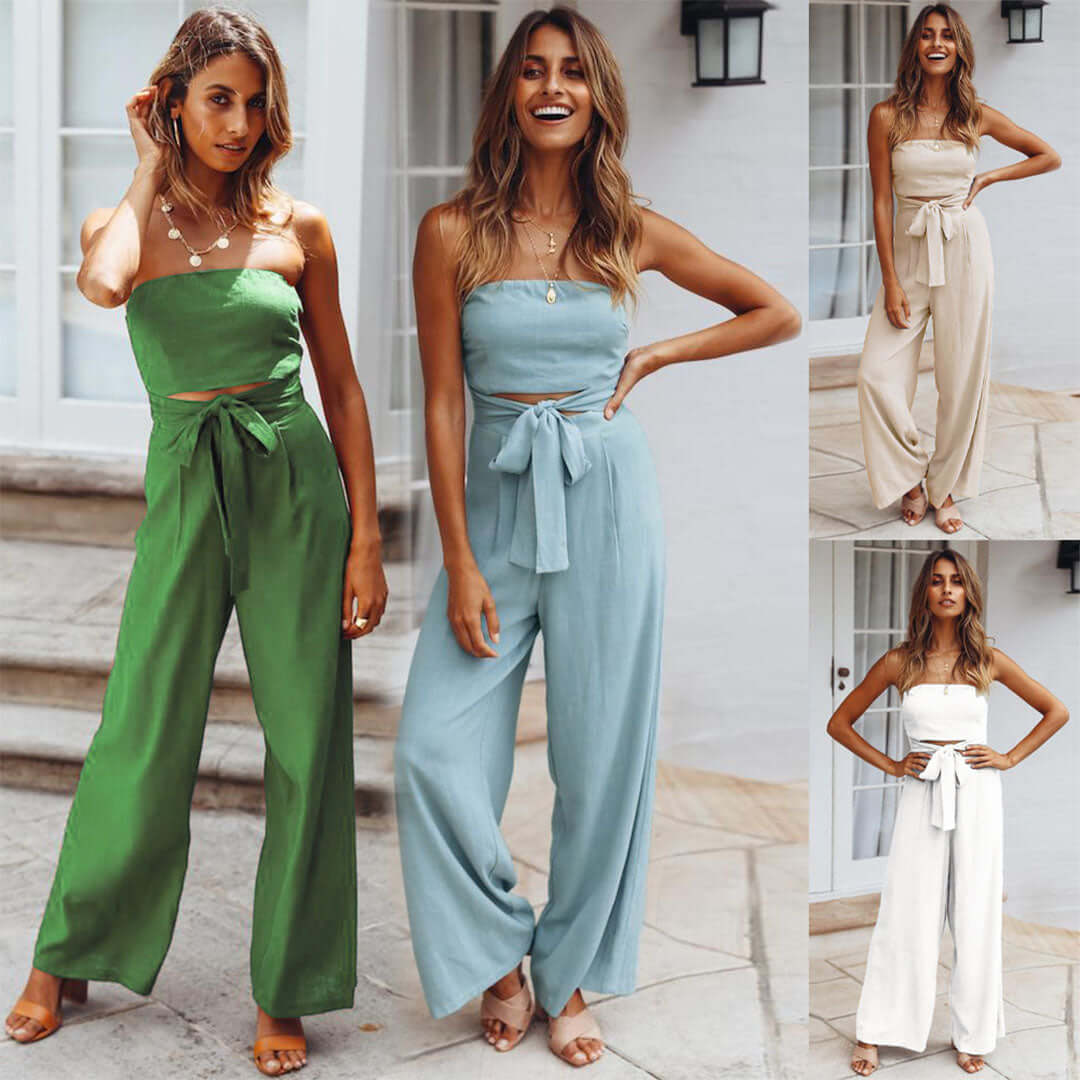 Women's Casual Strapless Jumpsuit with Elastic Waist