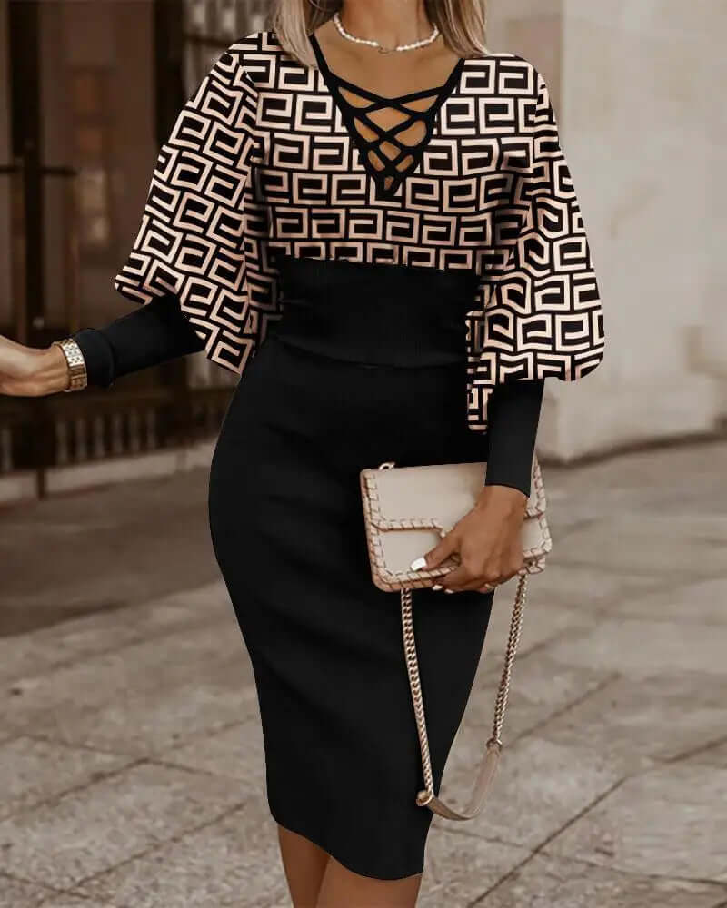 Geometric Print Women's Two-Piece Set: Batwing Top & Midi Skirt