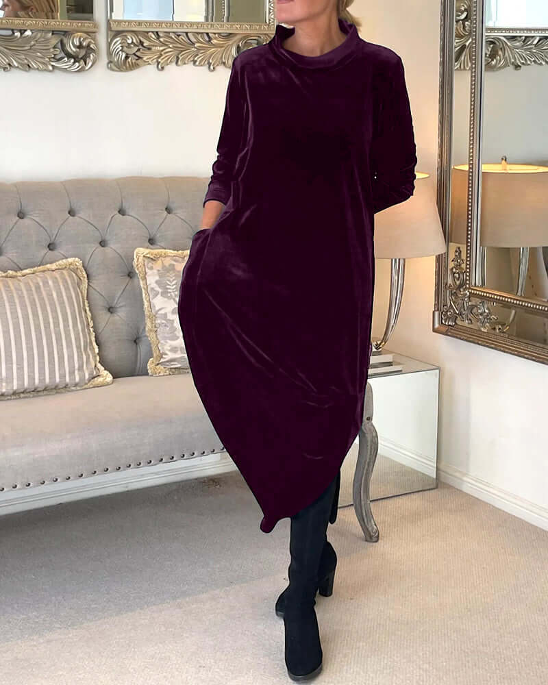 Women's Velvet Drape Dress: Long Sleeve, High Neck
