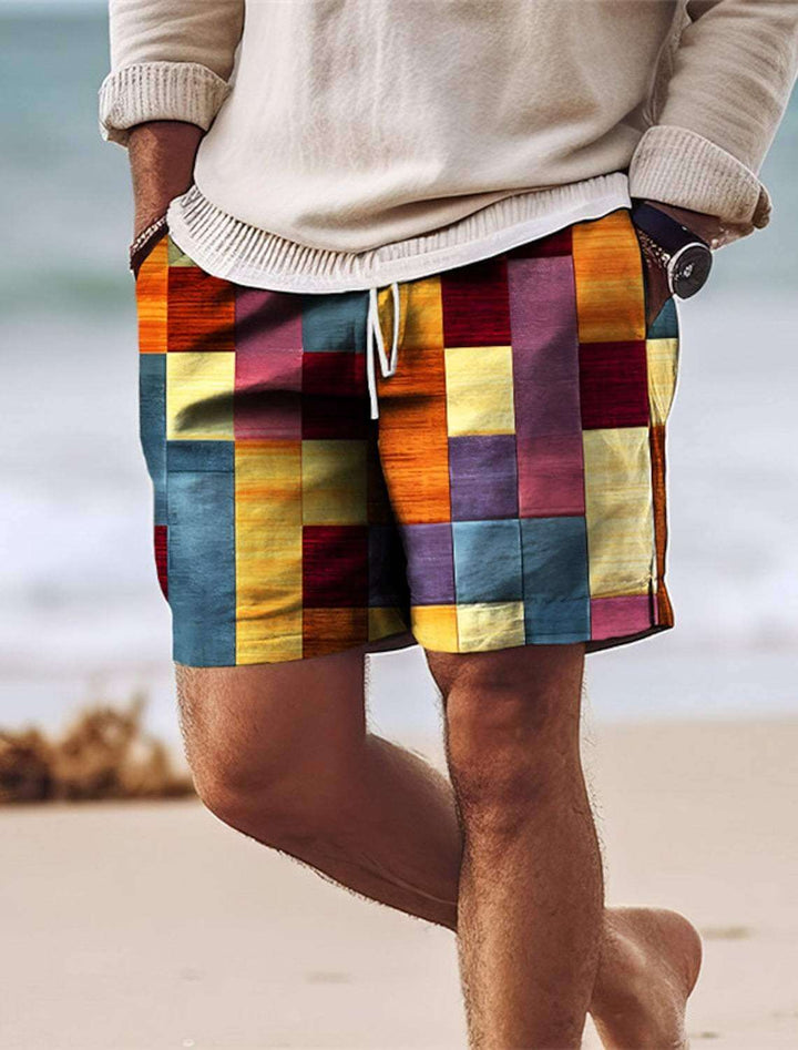 Men's Patchwork Knee-Length Shorts: Elastic Waist, Breathable