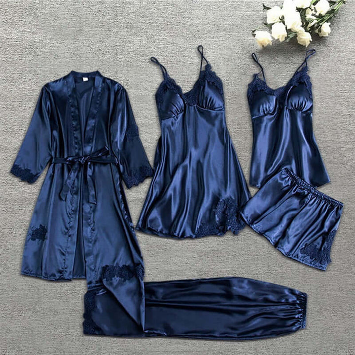 Women's Satin Loungewear Set with Lace Trim