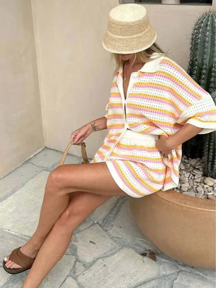 Women's Summer Knit Two-Piece Set: Striped Revere Collar Top & Shorts