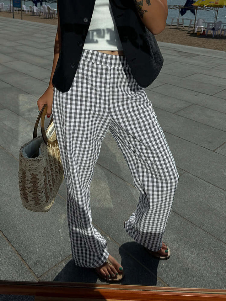 Women's Wide-Leg Gingham Trousers: Relaxed Fit, Breathable Cotton