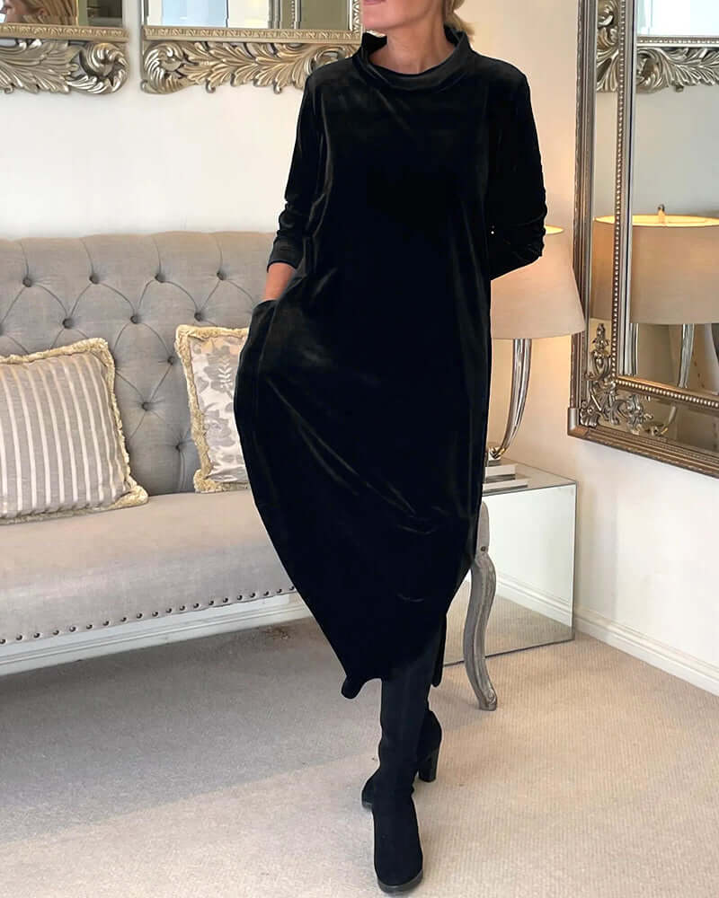 Women's Velvet Drape Dress: Long Sleeve, High Neck