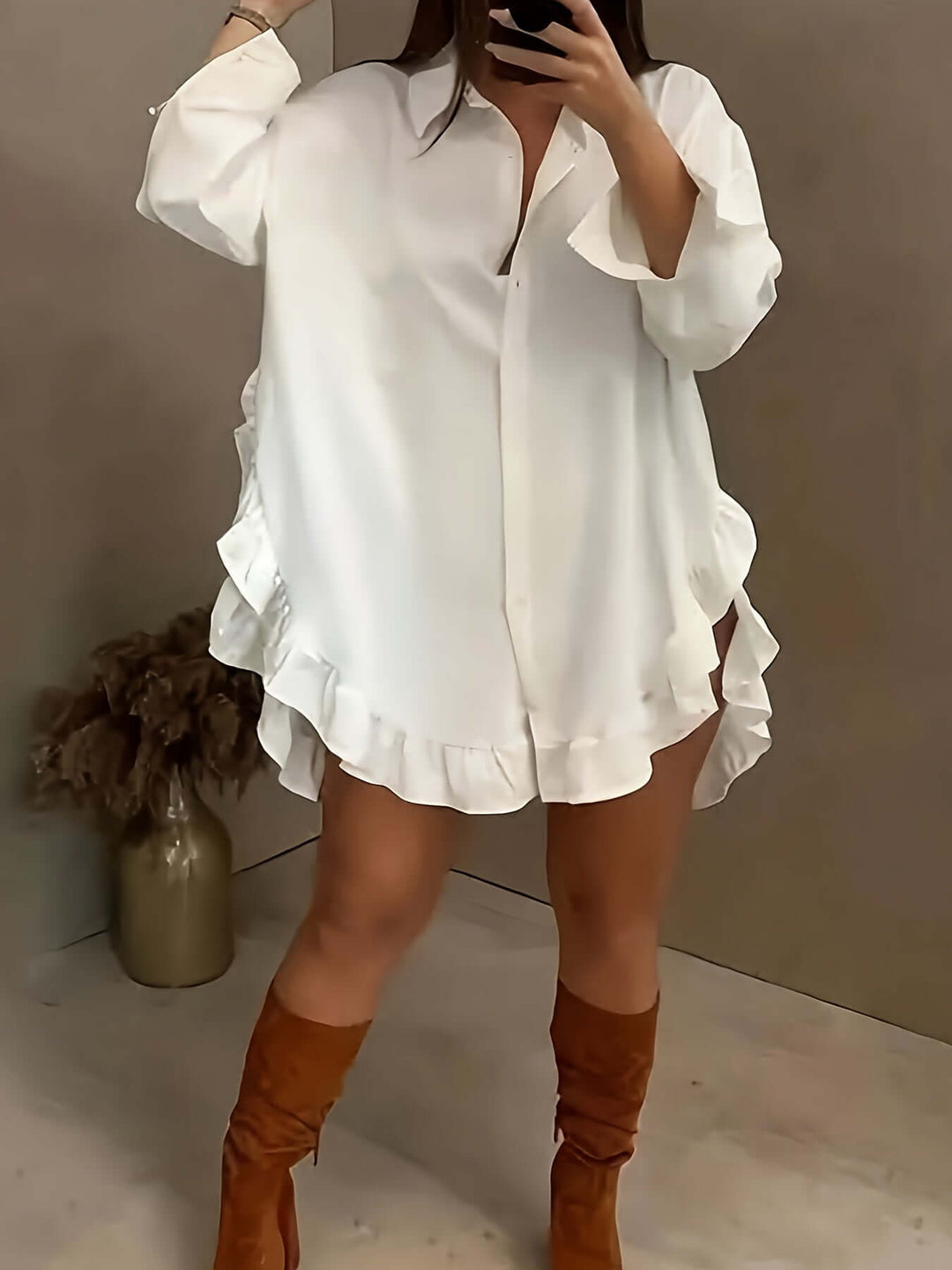 Women's Relaxed Fit Long Sleeve Shirt Dress with Ruffle Hem