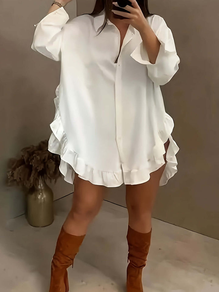 Women's Relaxed Fit Long Sleeve Shirt Dress with Ruffle Hem