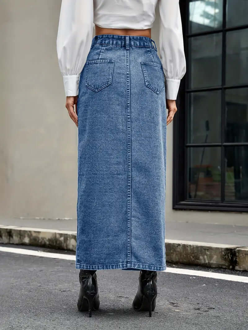 Women's Denim Midi Skirt: High-Waisted, Button-Front, Slit