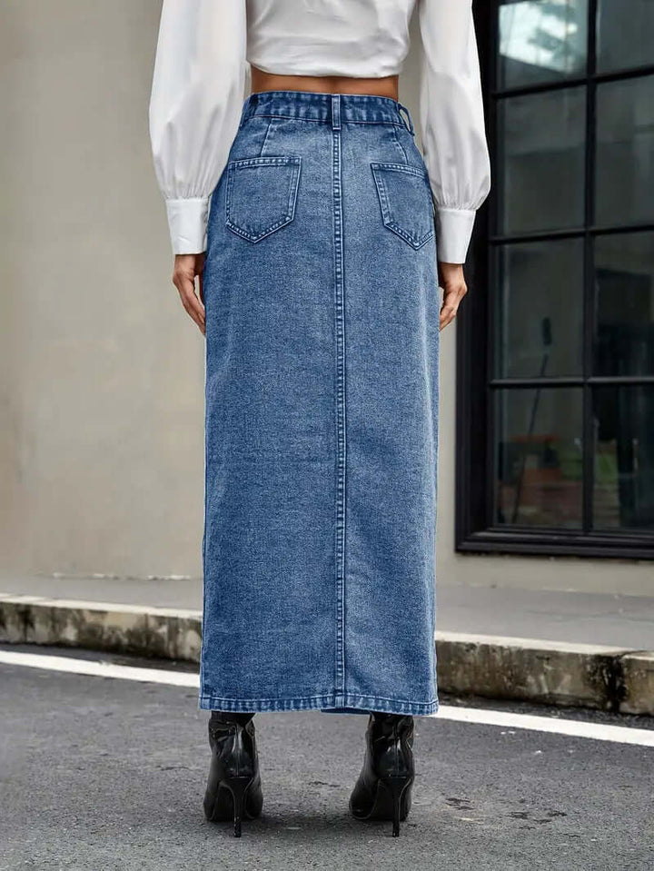 Women's Denim Midi Skirt: High-Waisted, Button-Front, Slit