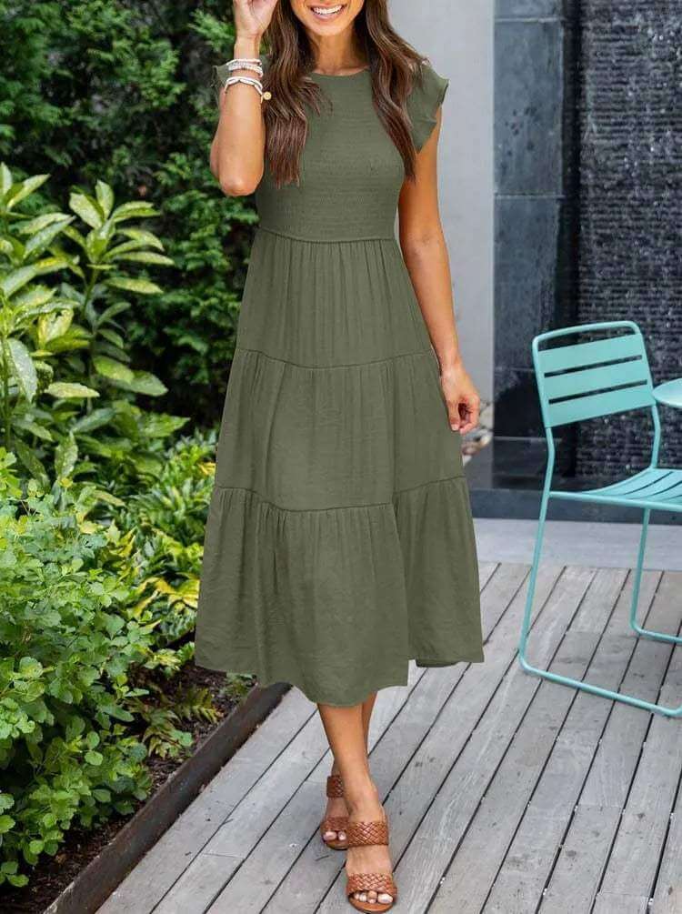 Women's A-Line Midi Dress with Flutter Sleeves