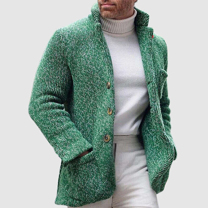 Men's Chunky Knit Cardigan: Stand Collar, Button Front