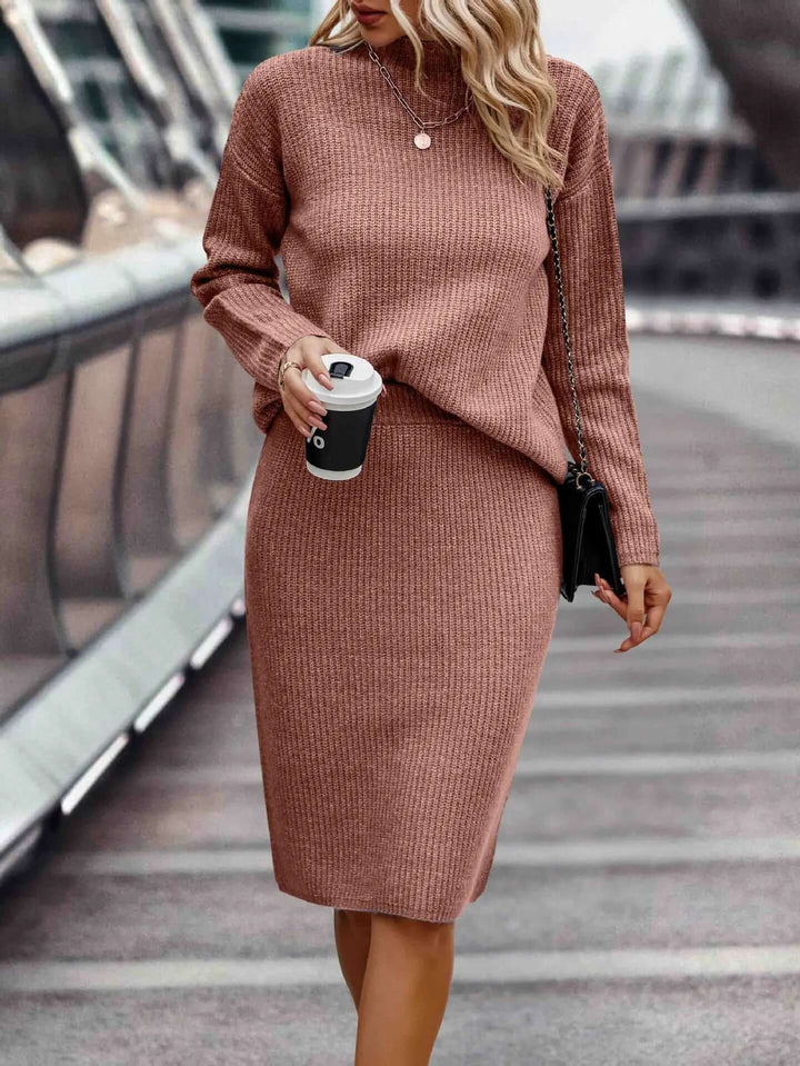 Women's Knitted Sweater & Skirt Set: High Neck, Long Sleeve, Fitted