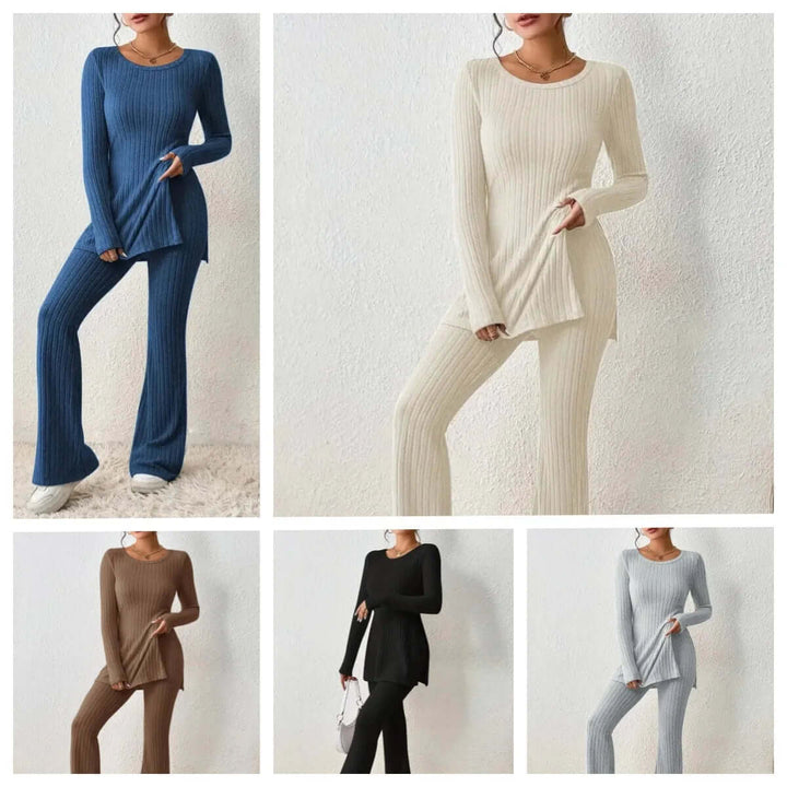 Women's Ribbed Knit Set: Long Sleeve Top & Flared Trousers