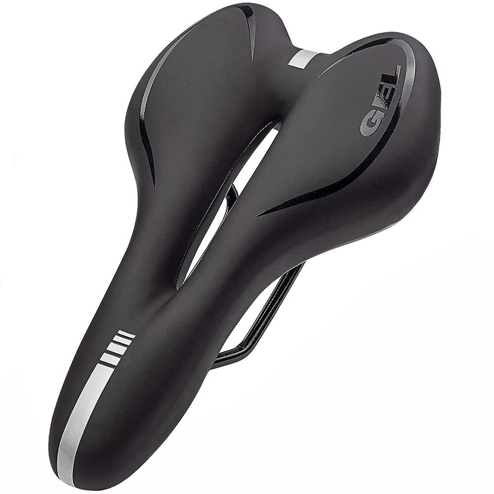 Comfortable gel bike saddle with gel padding, available in black, blue, red, designed for road and mountain biking.