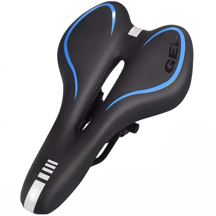 Comfortable gel bike saddle with gel padding, available in black, blue, red, designed for road and mountain biking.