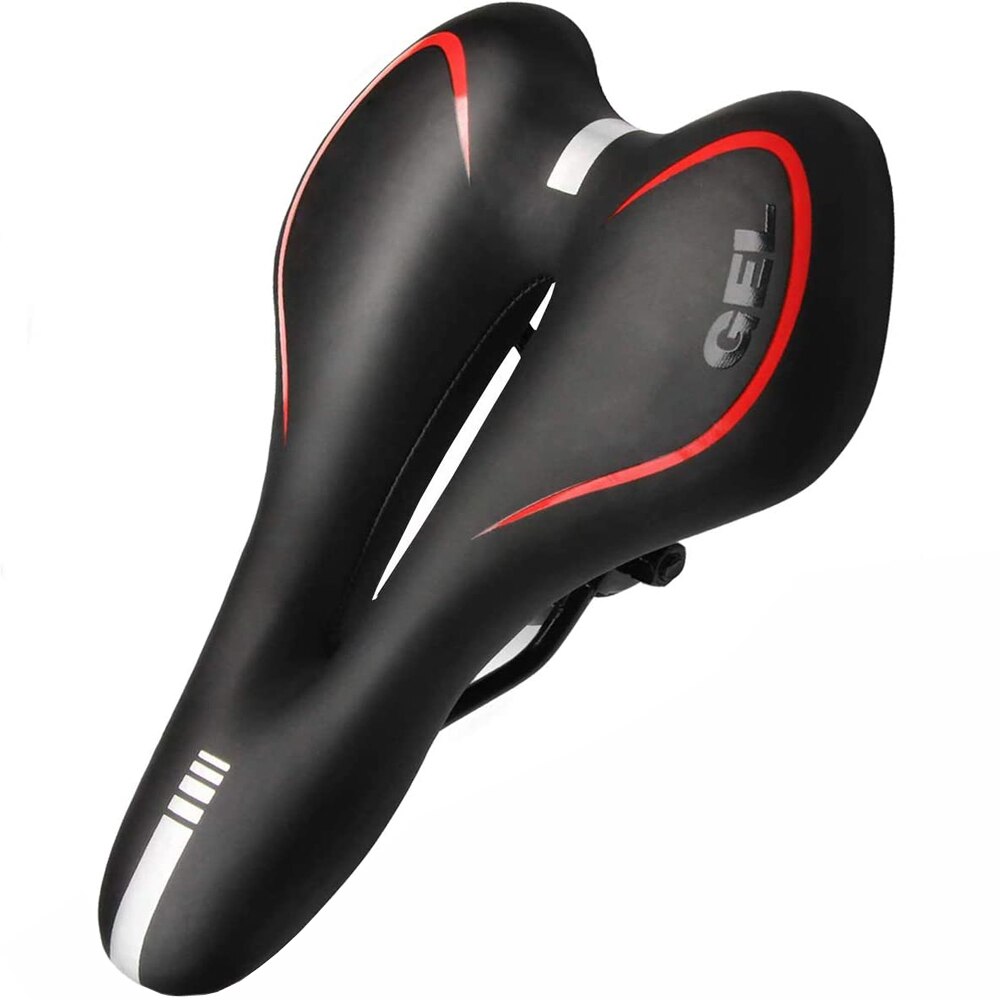 Comfortable gel bike saddle with gel padding, available in black, blue, red, designed for road and mountain biking.